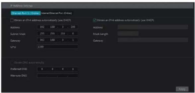 IP Address Settings Internet Port 1 ( Online ) (Internal Ethernet Port (Online) □ Obtain an IPv4 address automatically (use DHCP) Address 102 158 3 200 Subnet Mask 255 258 255 0 Gateway 302 168 3 1 NTU 1,500 □ Obtain an IPv6 address automatically (use DHCP) Address Mask Lengths Gateway Open DNS automatically Preferred DNS 9 8 8 4 Alternate DNS Apply