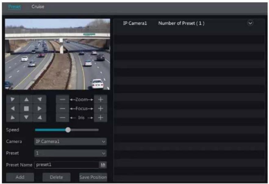 Preset Cruise IP Camera1 Number of Preset ( 1 ) ←Zoom→ + ←Focus→ + ←Iris→ + Speed Camera IP Camera1 Preset 1 Preset Name preset1 Add Delete Save Position