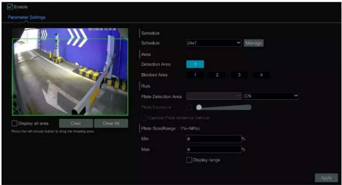 Enable Parameter Settings Schedule Schedule 24x7 Manage Area Detection Area 1 Blocked Area 1 2 3 4 Rule Plate Detection Area CN Plate Exposure Capture Plate Absence Vehicle Plate Size(Range : 1%-50%) Min 8 % Max 8 % Display range Apply Display all area Clear Clear All Press the left mouse button to drag the drawing area