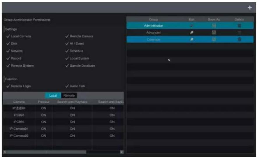 Group/Administrator Permissions Settings ✓ Local Camera ✓ Remote Camera ✓ Disk ✓ AI / Event ✓ Network ✓ Schedule ✓ Record ✓ Local System ✓ Remote System ✓ Sample Database Function ✓ Remote Login ✓ Audio Talk Local Remote Camera Preview Search and Playback Search and Back IP通道M ON ON ON IPC886 ON ON ON IPC886 ON ON ON IP Camera01 ON ON ON IP Camera02 ON ON ON Group Edit Save As Delicta Administrator Advanced Common OK