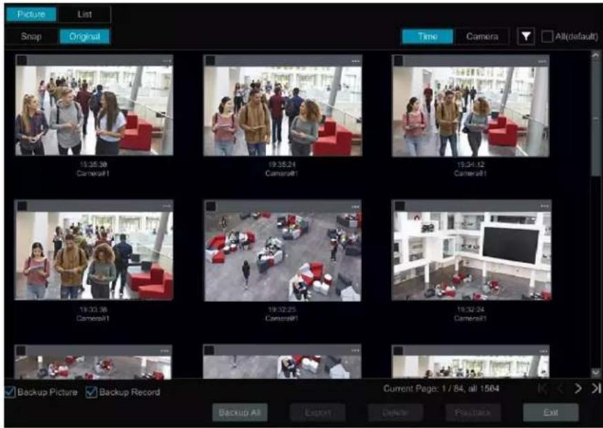 Picture List Snap Original Time Camera All(default) 19:35:39 Camera#1 19:35:24 Camera#1 19:34:12 Camera#1 19:33:38 Camera#1 19:32:25 Camera#1 19:32:24 Camera#1 Backup Picture Backup Record Current Page: 1 / 84, all 1564 Backup All Export Delete Playback Exit