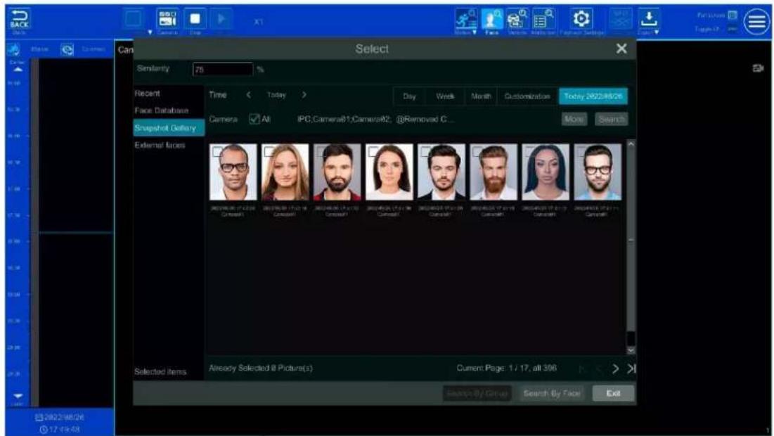 Back Select Can Select Similarity 75 % Recent Face Database Snapshot Gallery Camera All IPC,Camera@1,Cameral@2 @Removed C... External Faces Selected Items Already Selected @ Picture(s) Current Page: 1 / 17, all 396 Search By Group Search By Face Exit