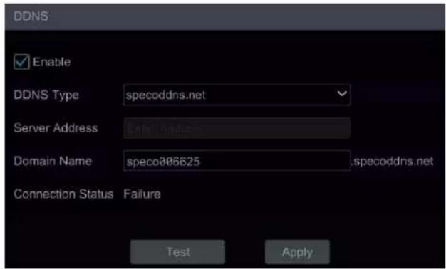 DDNS Enable DDNS Type specoddns.net Server Address Domain Name spec006625 specoddns.net Connection Status Failure Test Apply