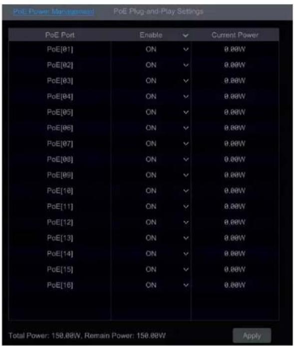 PoE Power Management PoE Plug-and-Play Settings PoE Port Enable ✓ Current Power PoE[01] ON ✓ 0.00W PoE[02] ON ✓ 0.00W PoE[03] ON ✓ 0.00W PoE[04] ON ✓ 0.00W PoE[05] ON ✓ 0.00W PoE[06] ON ✓ 0.00W PoE[07] ON ✓ 0.00W PoE[08] ON ✓ 0.00W PoE[09] ON ✓ 0.00W PoE[10] ON ✓ 0.00W PoE[11] ON ✓ 0.00W PoE[12] ON ✓ 0.00W PoE[13] ON ✓ 0.00W PoE[14] ON ✓ 0.00W PoE[15] ON ✓ 0.00W PoE[16] ON ✓ 0.00W Total Power: 150.00W, Remain Power: 150.00W Apply