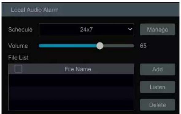 Local Audio Alarm Schedule 24x7 Volume 65 File List File Name Manage Add Listen Delete