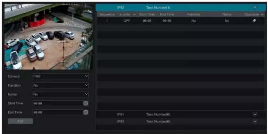 IP92 Task Number(1) Sequence Enabling Start Time End Time Function Name Operation 1 OFF 98.09 98.08 No No Camera IP92 Function No Name No Start Time 98.08 End Time 98.08 Add IP91 Task Number(0) IP93 Task Number(0)