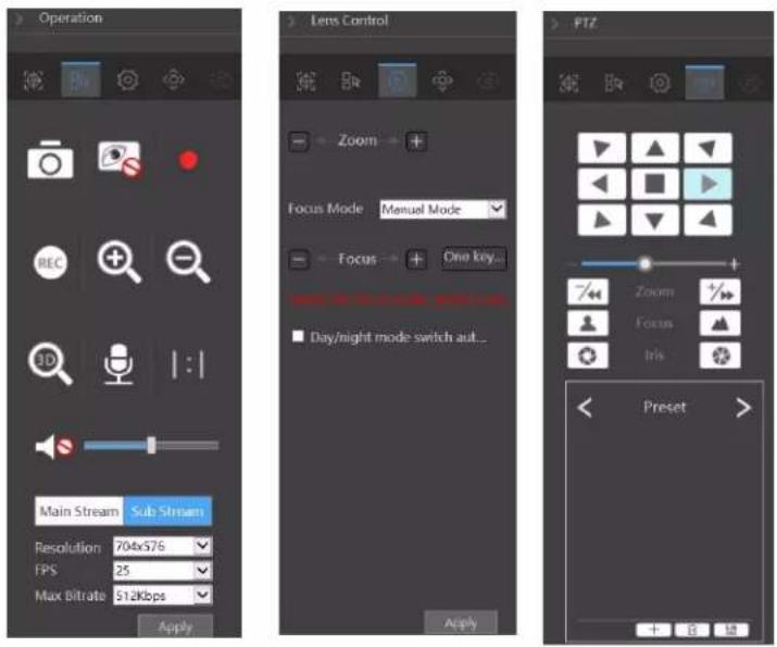 Operation Lens Control Zoom Focus Mode Manual Mode Focus One key... Day/night mode switch aut... Main Stream Sub Stream Resolution 704x576 FPS 25 Max Bitrate 512Kbps Apply PTZ Zoom Focus Iris Preset + + + 10