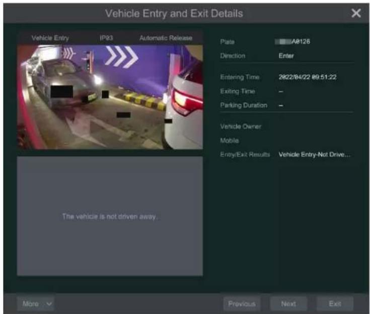 Vehicle Entry and Exit Details Vehicle Entry IP03 Automatic Release Plate A8126 Direction Enter Entering Time 28/22/04/22 09:51:22 Exiting Time - Parking Duration - Vehicle Owner Mobile Entry/Exit Results Vehicle Entry-Not Drive... The vehicle is not driven away. More Previous Next Exit