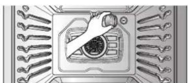 Illustration of a hand pouring liquid into a control panel with multiple wrenches arranged around (no text or symbols)
