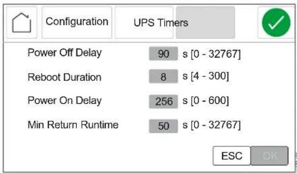 Configuration UPS Timers Power Off Delay 90 s [0 - 32767] Reboot Duration 8 s [4 - 300] Power On Delay 256 s [0 - 600] Min Return Runtime 50 s [0 - 32767] ESC OK