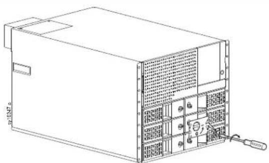 Line drawing of a computer power supply unit with ventilation grilles and drive slots (no text or labels)