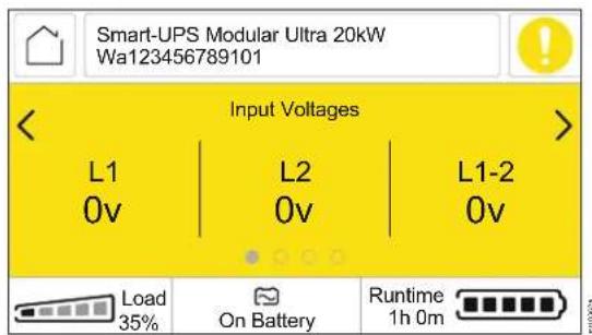 Smart-UPS Modular Ultra 20kW Wa123456789101 Input Voltages L1 0v L2 0v L1-2 0v Load 35% On Battery Runtime 1h 0m