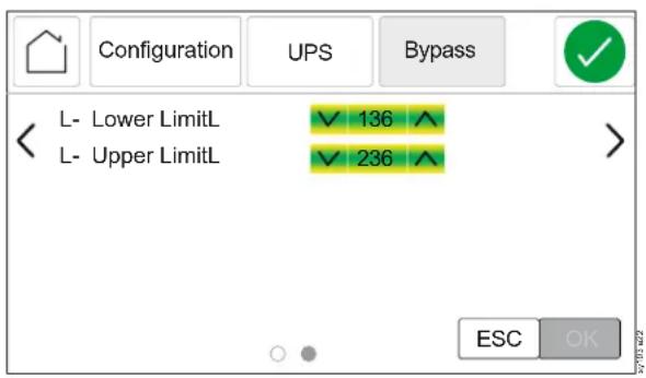 Configuration UPS Bypass L- Lower LimitL 136 L- Upper LimitL 236 ESC OK