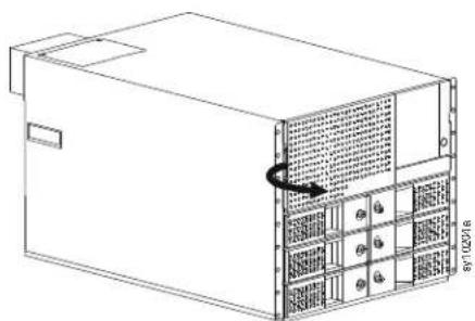 Technical line drawing of a server rack unit with internal grid and ventilation slots (no text or symbols)