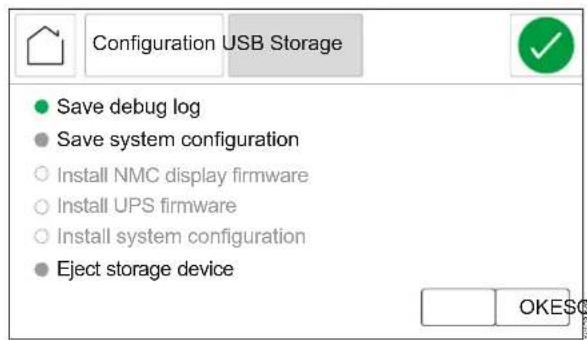 Configuration USB Storage Save debug log Save system configuration Install NMC display firmware Install UPS firmware Install system configuration Eject storage device OKES$