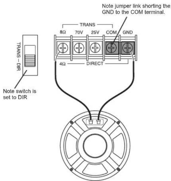 TRANS - DIR Note switch is set to DIR 8Ω 70V 25V COM GND 4Ω DIRECT NOTE jumper link shorting the GND to the COM terminal.