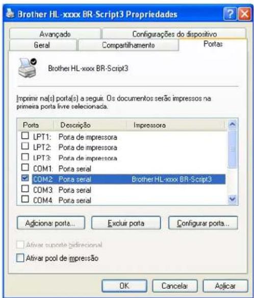 Brother HL-xxxx BR-Script3 Propriedades Avançado Configurações do dispositivo Geral Compartilhamento Portas Brother HL-xxxx BR-Script3 Imprimir na(s) porta(s) a seguir. Os documentos serão impressos na primeira porta livre selecionada. Porta Descrição Impressora LPT1: Porta de impressora LPT2: Porta de impressora LPT3: Porta de impressora COM1: Porta serial COM2: Porta serial Brother HL-xxxx BR-Script3 COM3: Porta serial COM4: Porta serial Adicional porta... Excluir porta Configurar porta... Ativar suposte gidirecional Ativar pool de impressão OK Cancelar Aplicar