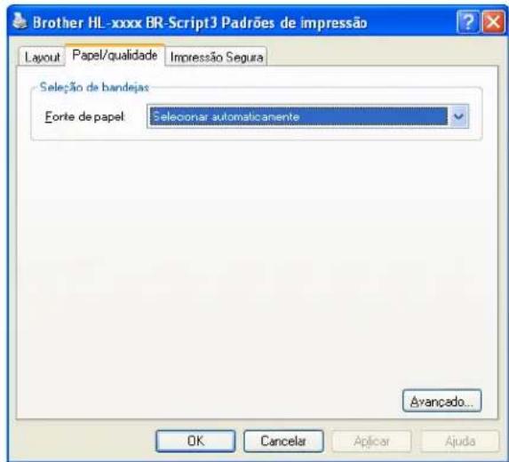 Brother HL-xxxx BR-Script3 Padrões de impressão Layout Papel/qualidade Impressão Segura Seleção de bandejas Fonte de papel Selecionar automaticamente Avancado... OK Cancelar Aplicar Ajuda