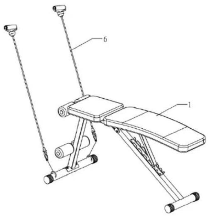 Technical diagram of a mechanical exercise apparatus with labeled parts 1 and 6