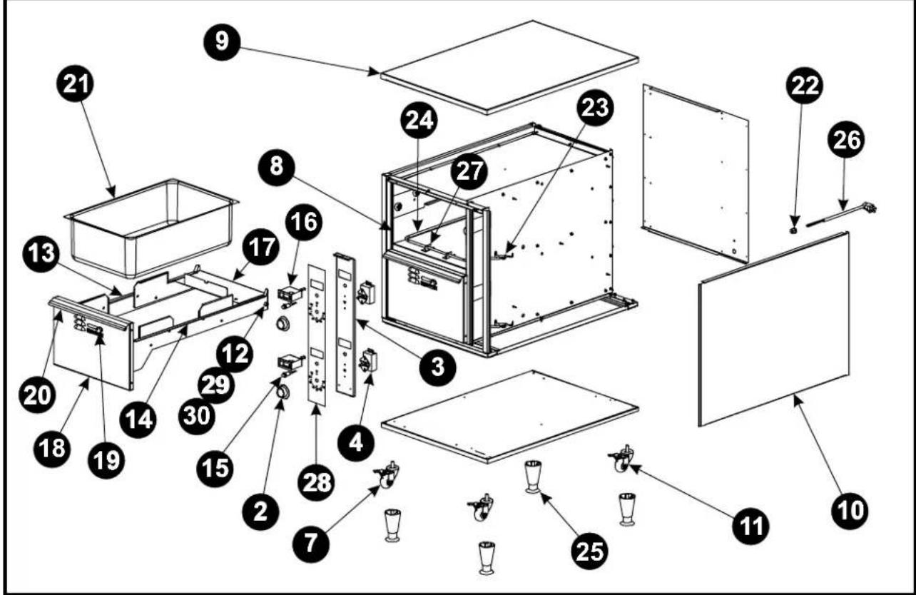 Exploded view diagram of a refrigerator assembly with numbered components for identification