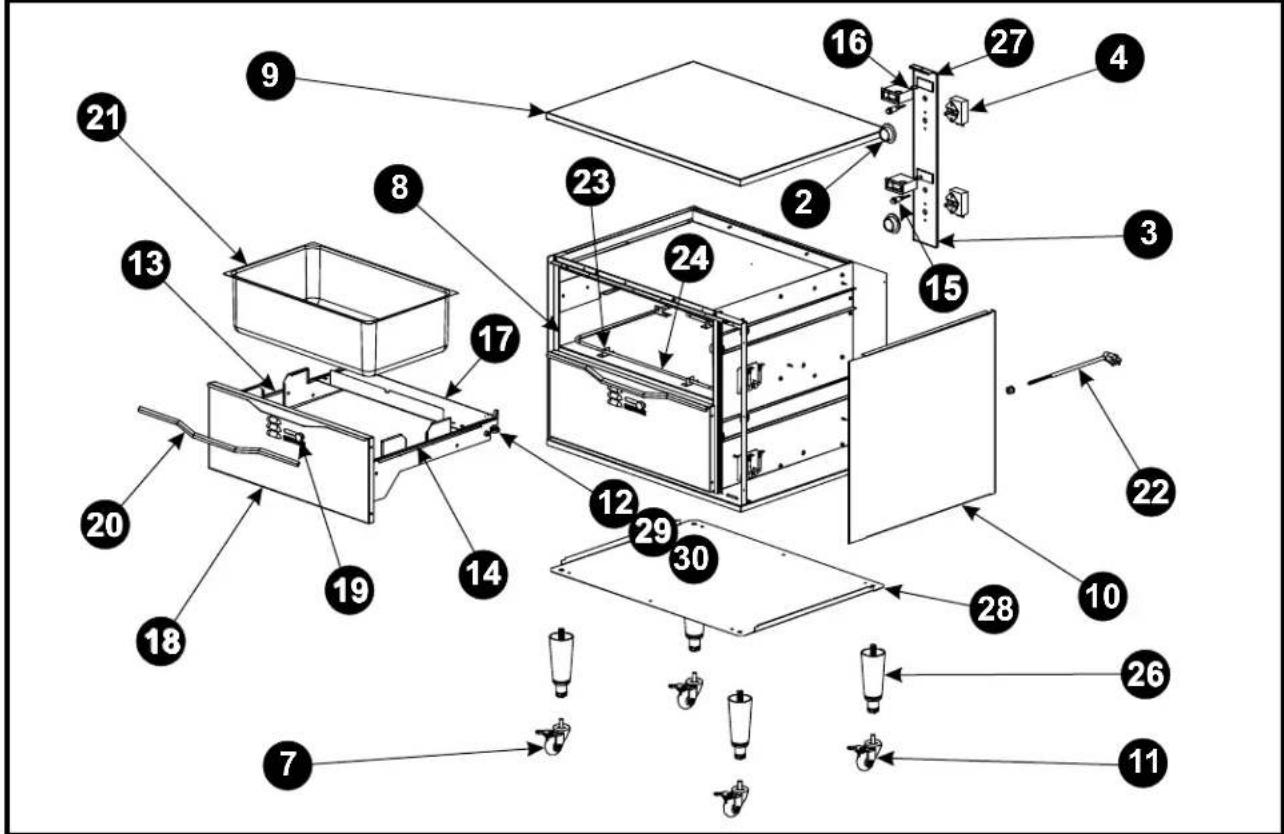 Exploded view diagram of a refrigerator with numbered components for identification
