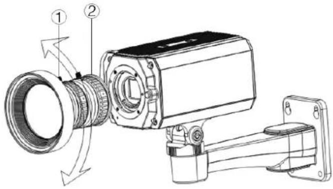 Technical diagram of a surveillance camera with labeled parts and directional arrows indicating motion
