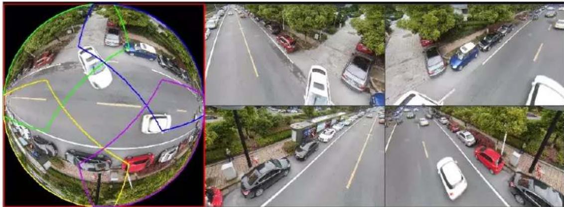 Four-panel fisheye view of a multi-lane urban street scene with parked cars and vehicles, no visible text or symbols.