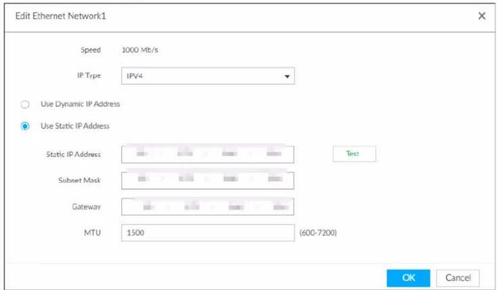 Edit Ethernet Network1 Speed 1000 Mb/s IP Type IPV4 Use Dynamic IP Address Use Static IP Address Static IP Address Test Subnet Mask Gateway MTU 1500 (600-7200) OK Cancel