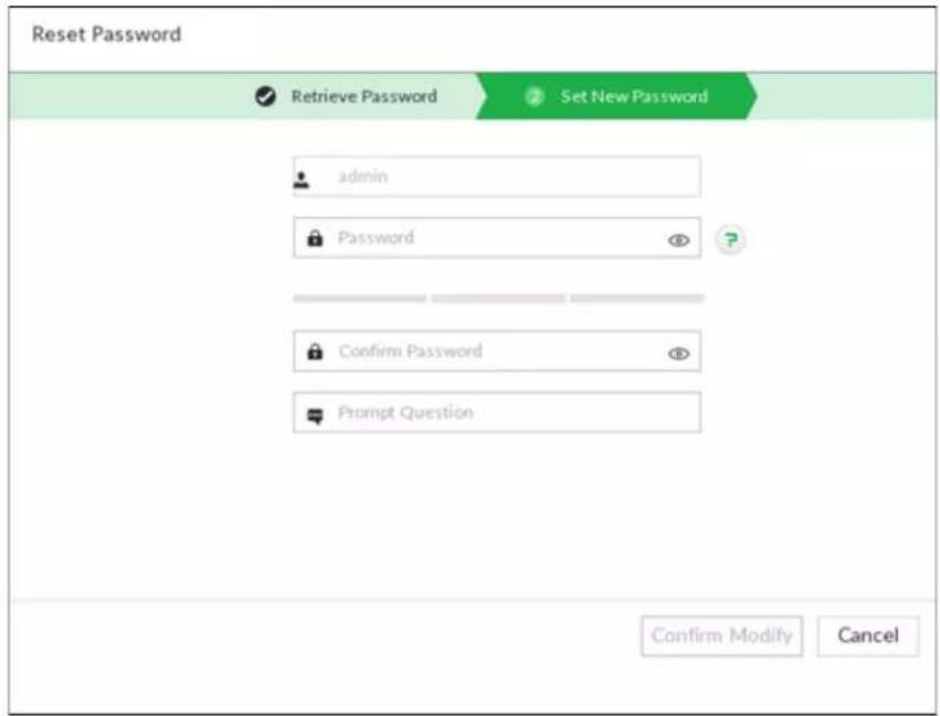 Reset Password Retrieve Password Set New Password admin Password Confirm Password Prompt Question Confirm Modify Cancel