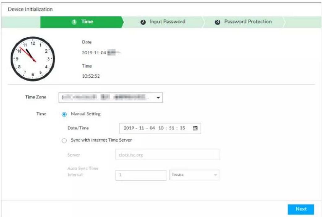 Device Initialization Time Input Password Password Protection Date 2019-11-04 Time 10:52:52 Time Zone Manual Setting Date/Time 2019 - 11 - 04 10 : 51 : 35 Sync with Internet Time Server Server clock.isc.org Auto Sync Time Interval 1 hours Next