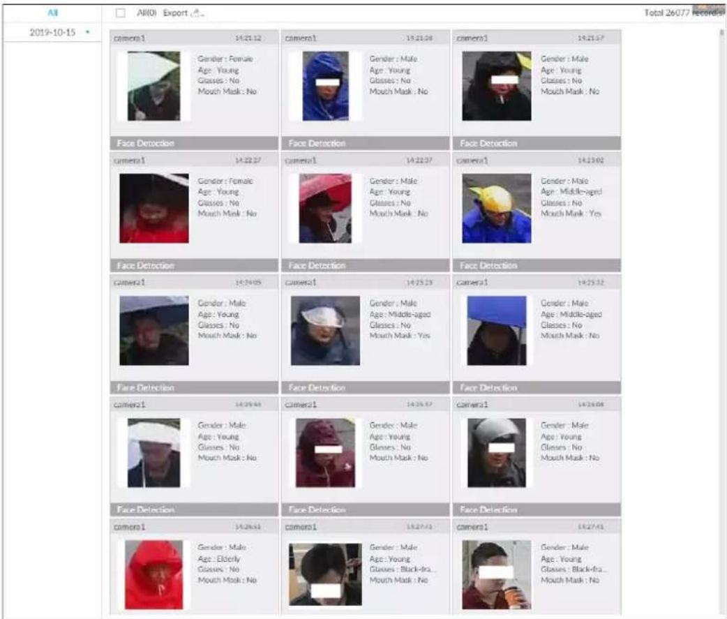 AI 2019-10-15 AI(0) Export (0) Total 26077 Record camera1 14:21:32 Gender : Female Age : Young Glasses : No Mouth Mask : No camera1 14:21:38 Gender : Male Age : Young Glasses : No Mouth Mask : No camera1 14:21:37 Gender : Male Age : Young Glasses : No Mouth Mask : No camera1 14:21:36 Gender : Male Age : Middle-aged Glasses : No Mouth Mask : Yes camera1 14:24:45 Gender : Male Age : Middle-aged Glasses : No Mouth Mask : No camera1 14:25:29 Gender : Male Age : Middle-aged Glasses : No Mouth Mask : Yes camera1 14:25:32 Gender : Male Age : Middle-aged Glasses : No Mouth Mask : No camera1 14:25:44 Gender : Male Age : Young Glasses : No Mouth Mask : No camera1 14:25:57 Gender : Male Age : Young Glasses : No Mouth Mask : No camera1 14:26:48 Gender : Male Age : Young Glasses : No Mouth Mask : No camera1 14:26:50 Gender : Male Age : Young Glasses : No Mouth Mask : No camera1 14:27:43 Gender : Male Age : Young Glasses : Black-fra... Mouth Mask : No