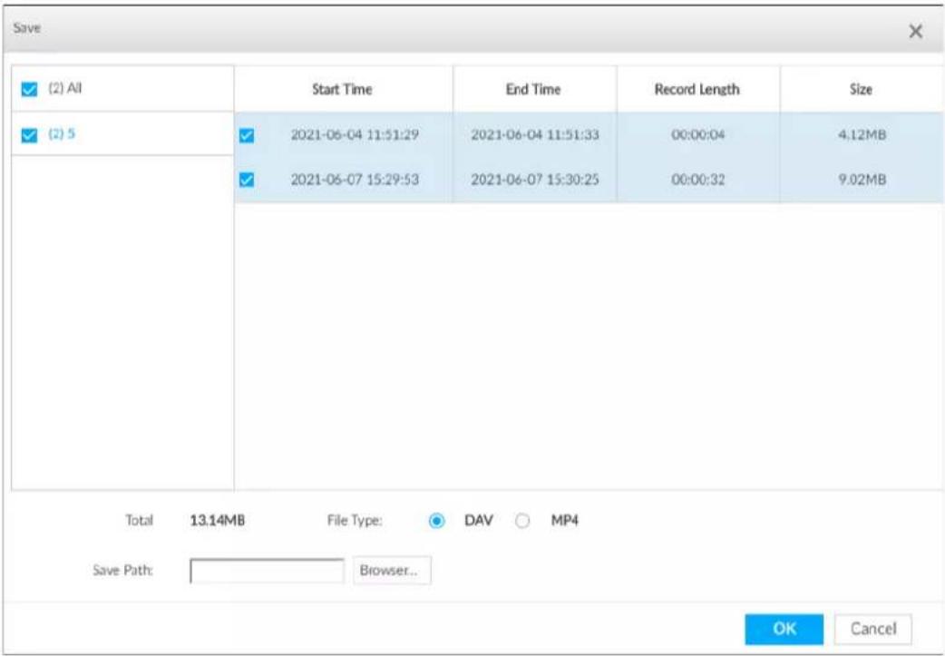 Save ✓ (2) All ✓ (2) 5 Start Time End Time Record Length Size ✓ 2021-06-04 11:51:29 2021-06-04 11:51:33 00:00:04 4.12MB ✓ 2021-06-07 15:29:53 2021-06-07 15:30:25 00:00:32 9.02MB Total 13.14MB File Type: DAV MP4 Save Path: Browser... OK Cancel