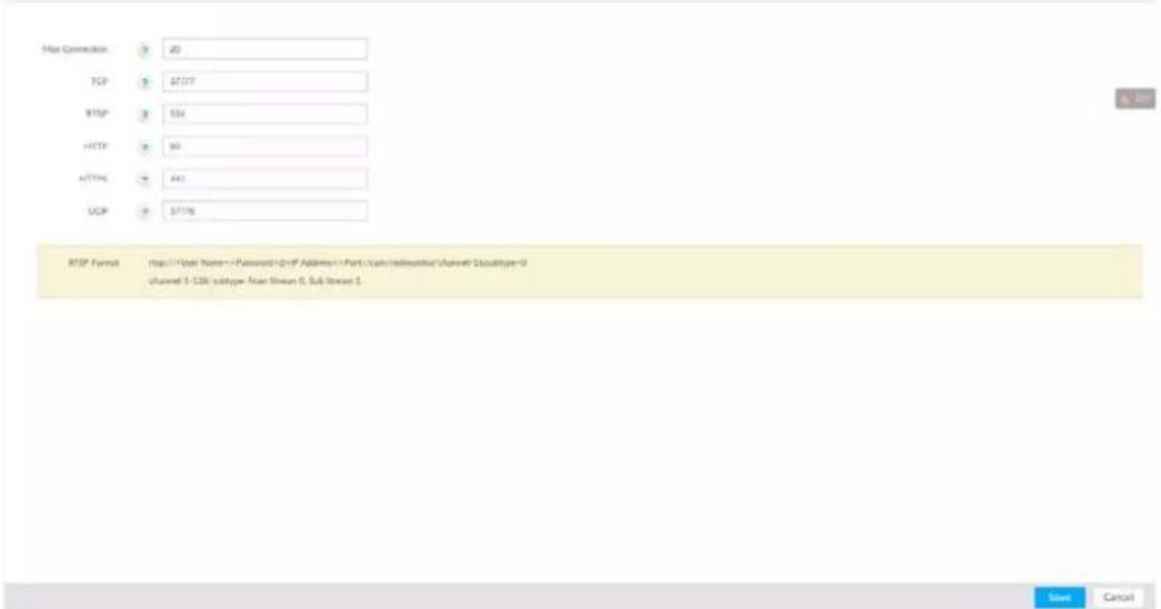 Max Connection 20 TCP 37277 RTSP 554 HTTP 90 HTTP# 641 UCP 3739g RISP Format http://User Name=Password=IP Address=Port/Can/Internet/channel-SCloudType=0 channel 1-13K subtype: Non-Stream 0, Sub-Stream 1 Save Cancel