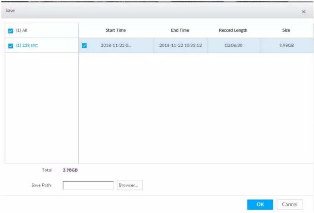 Save (1) All Start Time End Time Record Length Size (1) 228 IPC 2018-11-22 0... 2018-11-22 10:33:12 02:06:30 3.98GB Total 3.98GB Save Path: Browser... OK Cancel