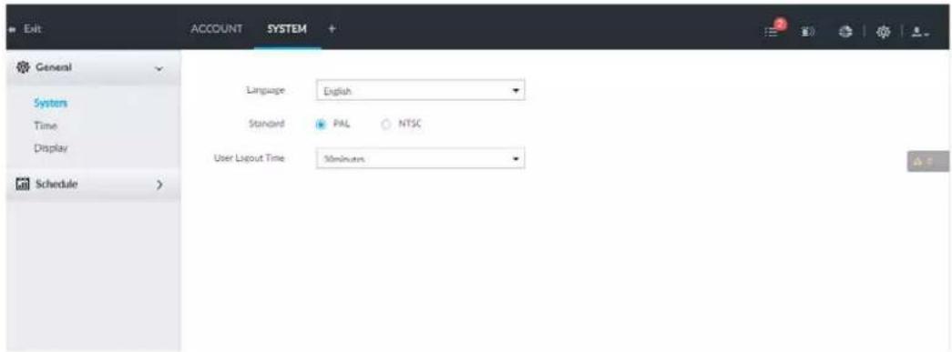 Exit ACCOUNT SYSTEM + General System Time Display Schedule Language: English Standard: PAL NTSC User Listout Time: 50 minutes