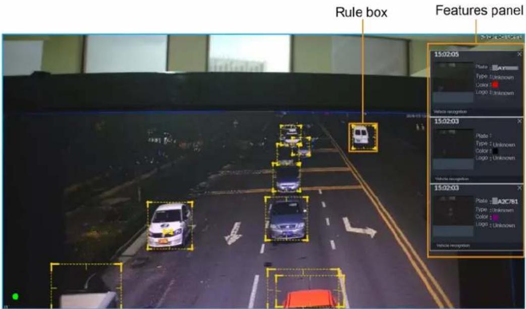 Rule box Features panel 15:02:05 Plate Type: Unknown Color: Logo: Unknown Vehicle recognition 15:02:03 Plate: Type: Unknown Color: Logo: Unknown Vehicle recognition 15:02:03 Plate: A3C781 Type: Unknown Color: Logo: Unknown Vehicle Recognition
