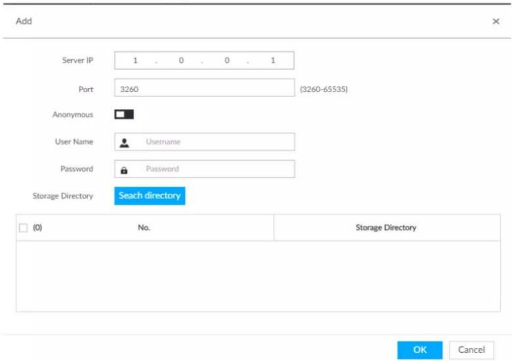 Add Server IP 1 . 0 . 0 . 1 Port 3260 (3260-65535) Anonymous User Name Username Password Password Storage Directory Search directory (0) No. Storage Directory OK Cancel