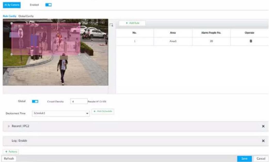 All by Camera Enabled Rule Conflie Global Conflie Add Rule No. Area Alarm People No. Operate 1 Area1 20 Global Count Density 4 People/lf (0-10) Deployment Time Schedule1 Add Schedule Record | IPC2 Log | Enable Actions Refresh Save Cancel