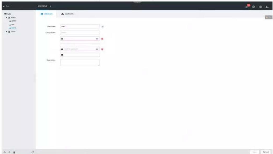 Add ACCOPAY MIL • Adder • Adder • Add • Add1 • Add1 RECUM Authority User Name: user1 Group Name: Group Name: Group Name: Group Name: Description: Save Cancel