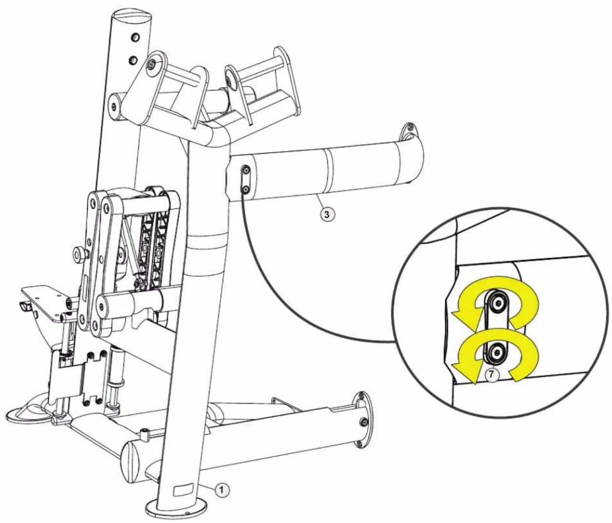 Technical diagram of a mechanical device with numbered components and an inset showing a highlighted circular component with yellow arrows.