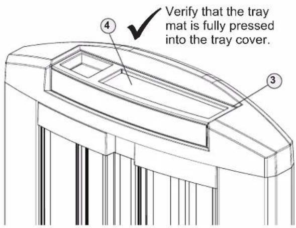 Verify that the tray mat is fully pressed into the tray cover. ④ ③