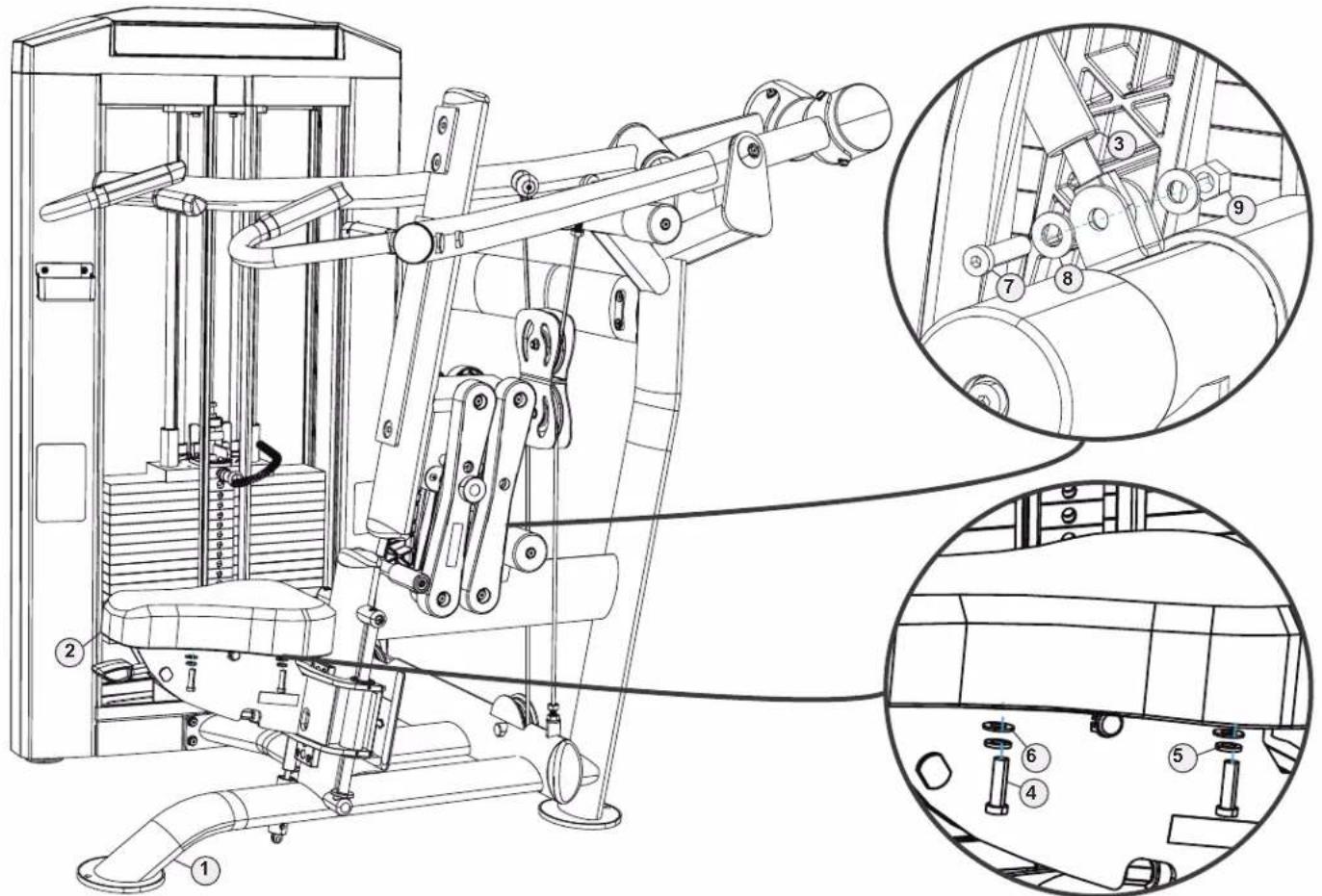 Technical line drawing of a gym machine with numbered components and exploded views