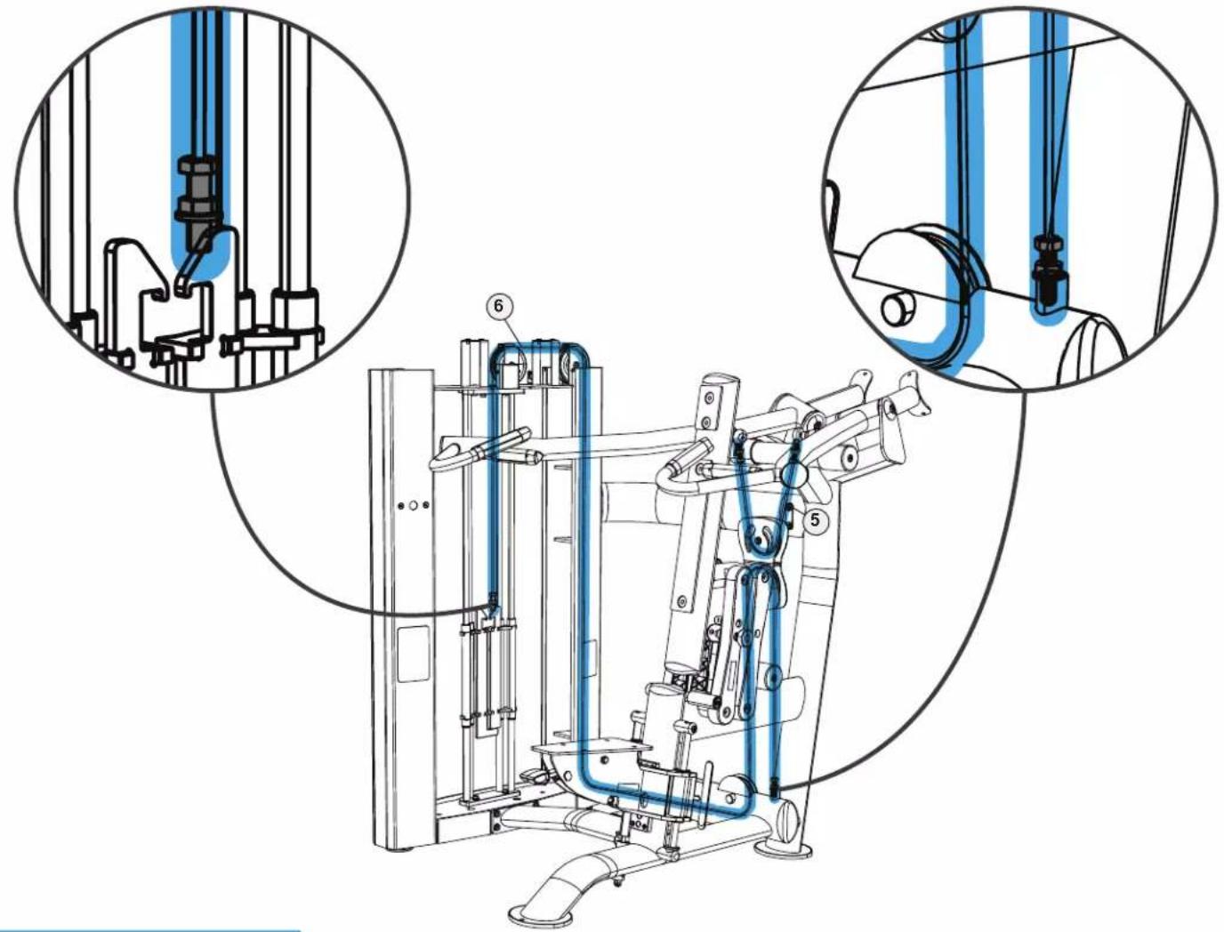 Technical diagram of a gym machine with labeled components and zoomed-in detail views