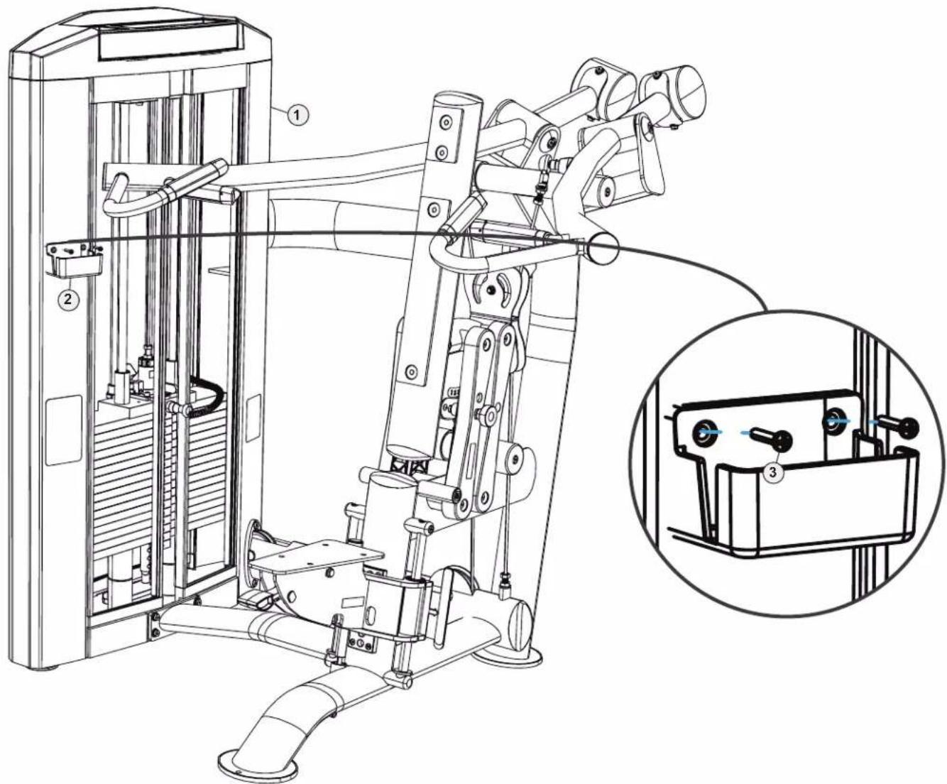 Technical line drawing of a gym machine with labeled components and an inset close-up showing internal components.