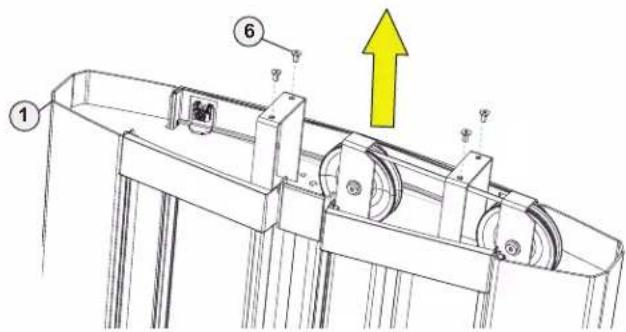 Technical diagram of a mechanical device with numbered components and an upward arrow indicating motion or force