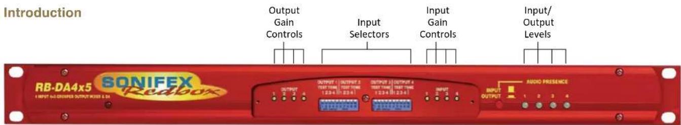 Introduction Output Gain Controls Input Selectors Input Gain Controls Input/ Output Levels RB-DA4x5 SONIFEX 123456X OUTPUT 1 OUTPUT 2 OUTPUT 3 OUTPUT 4 TEST TIME TEST TIME TEST TIME TEST TIME 1234 1234 1234 1234 1234 1234 1234 1234 1234 1234 1234 1234 1234 1234 1234 1234 1234 1234 1234 1234 1234 INP…