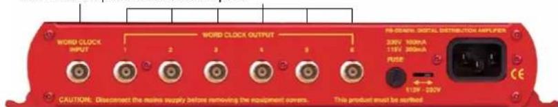 WORD CLOCK INPUT WORD CLOCK OUTPUT CAUTION: Disconnect the noise supply before removing the equipment covers. This product must be purified PS-DCAM, DIGITAL DISTRIBUTION AMPLIFIER 230V 100mA 115V 200mA FUSE 115V - 230V CE