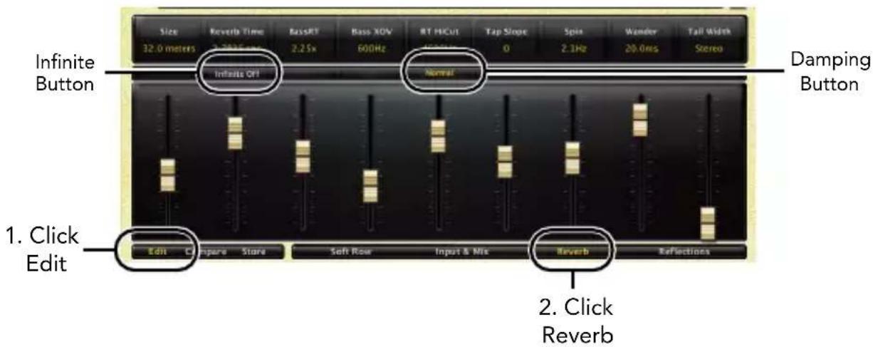 Size 32.0 meters Reverb Time 2.25Hz BassRT 2.25x Bass XOW 600Hz RT H/Cut Normal Tap Slope 0 Spia 2.3Hz Wonder 20.0ms Tall Width Stereo Infinite Button Damping Button 1. Click Edit Compare Store Soft Row Input & Mix Reverb Reflections 2. Click Reverb