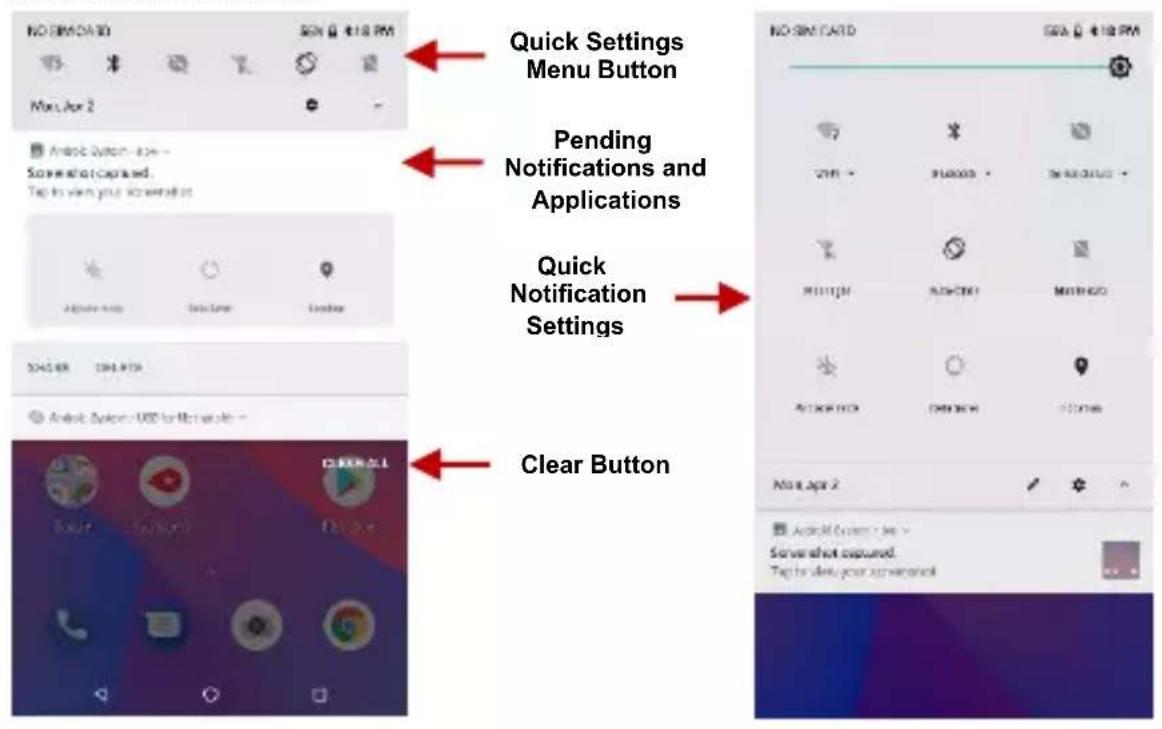 NO SN: CARD SIN 18 PM Max Apr 2 Quick Settings Menu Button Pending Notifications and Applications Quick Notification Settings NO SN: CARD SIN 18 PM Max Apr 2 Clear Button