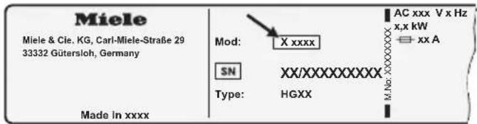 Miele Miele & Cie. KG, Carl-Miele-Straße 29 33332 Gütersloh, Germany Made in xxxx Mod: X xxxx SN XX/XXXXXXXXX Type: HGXX AC xxx V x Hz x,x kW xx A M No: XXXXXXXXX